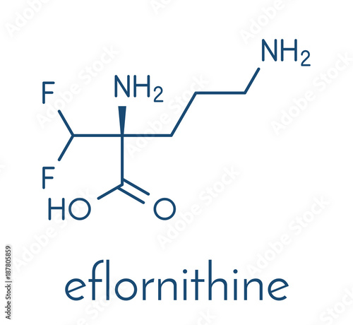 Eflornithine drug molecule. Used to treat facial hirsutism (excessive hair growth) and African trypanosomiasis (sleeping sickness). Skeletal formula.