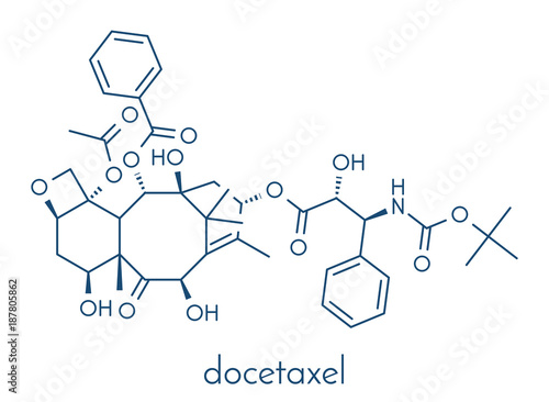 Docetaxel cancer chemotherapy drug molecule. Taxane class drug used in treatment of breast, prostate, lung and ovarian cancer (etc.) Skeletal formula.