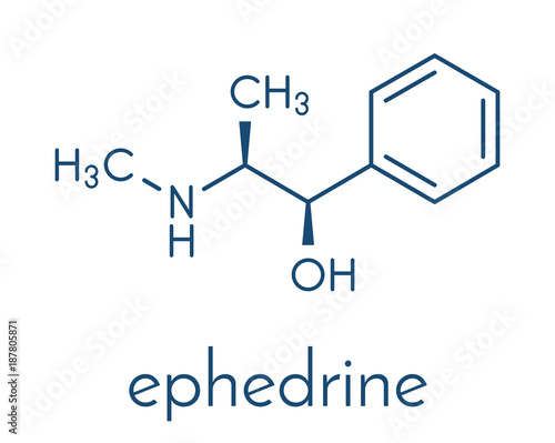 Ephedrine stimulant drug molecule. Alkaloid found in Ephedra plants. Used as stimulant, appetite suppressant, decongestant, etc. Skeletal formula.