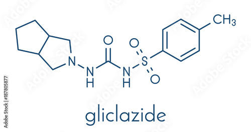 Gliclazide diabetes drug molecule. Sulfonylurea class anti-diabetic agent. Skeletal formula.