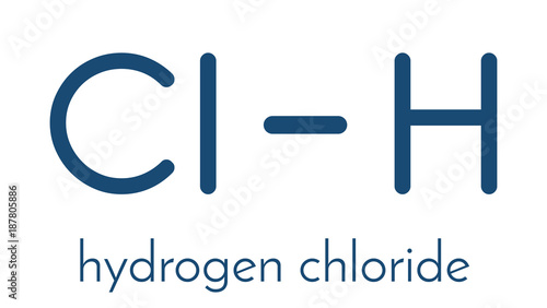 Hydrogen chloride (HCl) molecule, chemical structure. Highly corrosive mineral acid; Acid component of gastric juice (stomach acid). Skeletal formula.