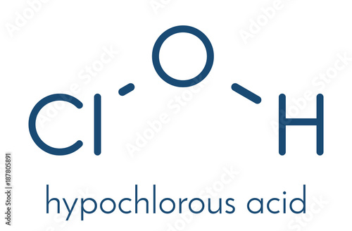 Hypochlorous acid (HClO) disinfectant molecule. Formed when chlorine is dissolved in water. Skeletal formula.