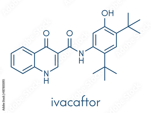 Ivacaftor cystic fibrosis drug molecule. Skeletal formula.