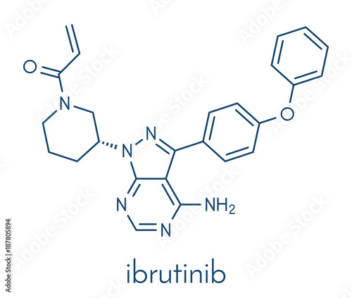 Ibrutinib cancer drug molecule. Used in treatment of mantle cell lymphoma and chronic lymphocytic leukemia (CLL). Skeletal formula.