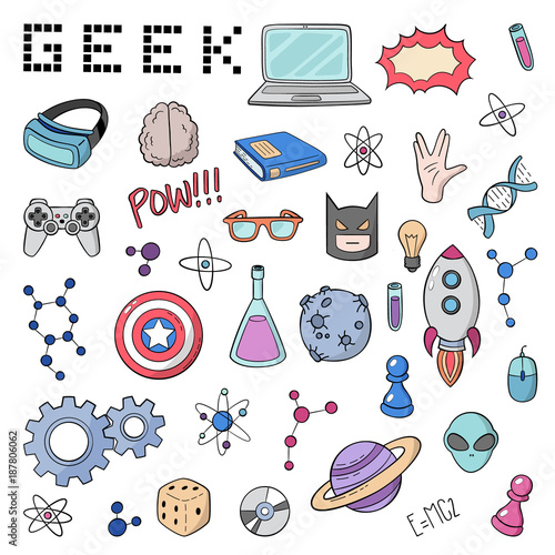 Set of cartoon doodle icons. Collection of symbols geek nerd gamer. Vector illustration, pattern, background, template for web design, print photo