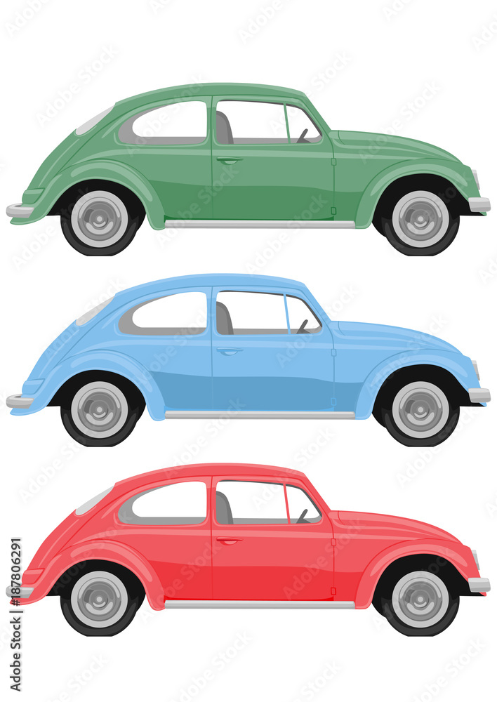 Multicolored retro cars on white background. Vintage car in a realistic style, side view