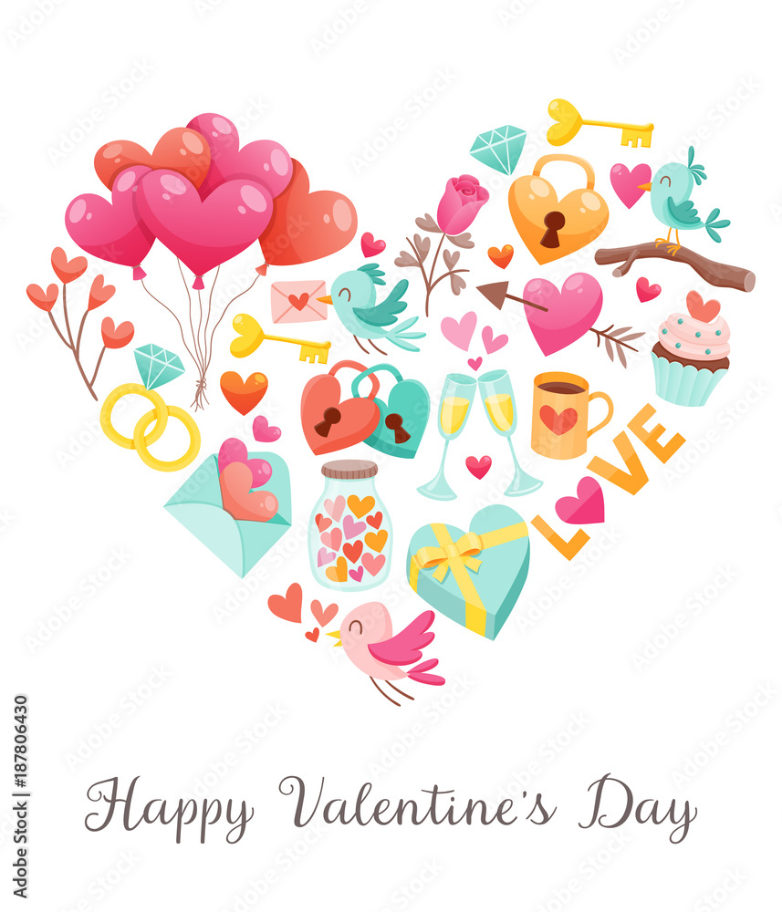 Cute Valentine's Day greeting card with design elements and text. Set of lovely objects creating a heart background. EPS 10 vector illustration. Cute Valentine's Day greeting card with design elements and text. Set of lovely objects creating a heart background. EPS 10 vector illustration.
