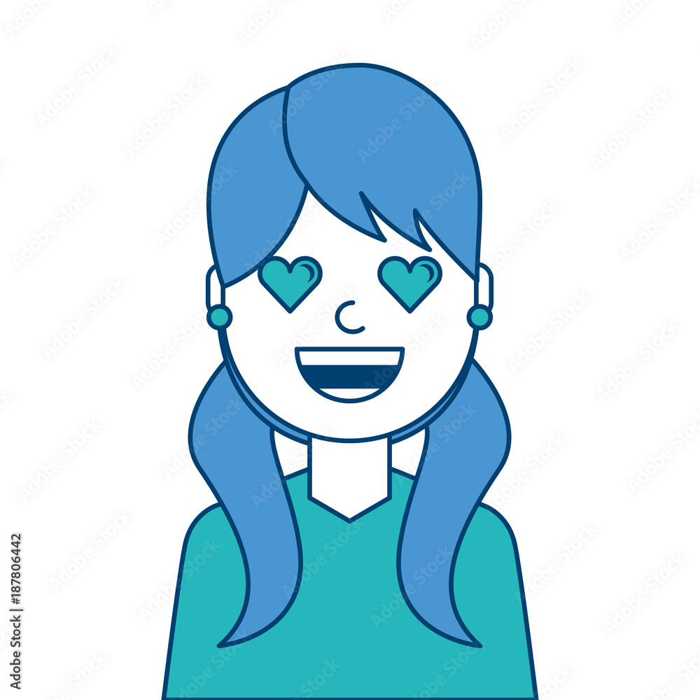 happy girl with her smiling face and heart shape eyes illustration blue and green design