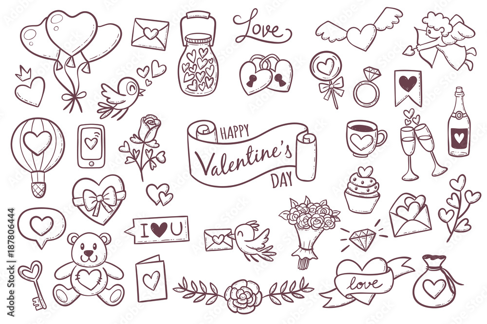 Set of cute hand drawn elements about love. Design elements isolated on white. Happy Valentine's Day background. EPS 10 vector illustration. Set of cute hand drawn elements about love. Design elements isolated on white. Happy Valentine's Day background. EPS 10 vector illustration.