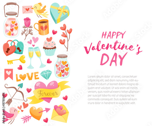 Background template for Valentine's Day celebration with design elements and text. Collection of isolated Valentine Day objects. Cute birds, hearts, sweets, gifts and more. EPS10 vector illustration.