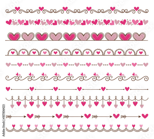 Collection of cute hand drawn vintage borders. Valentine's day special pack design elements. Perfect for Valentine's day invitation cards and page decoration. Vector illustration.