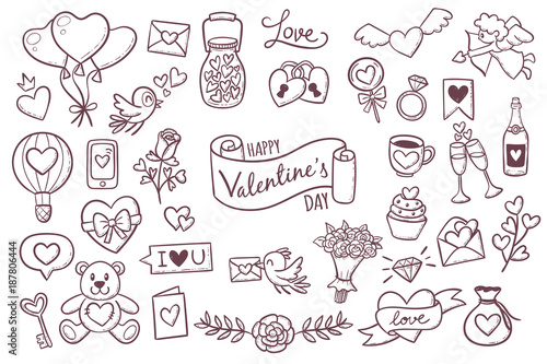 Set of cute hand drawn elements about love. Design elements isolated on white. Happy Valentine's Day background. EPS 10 vector illustration.