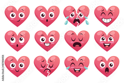 Collection of funny heart emoticons isolated on white background. Cartoon style. EPS 10 Vector illustration. Set 2 of 2.