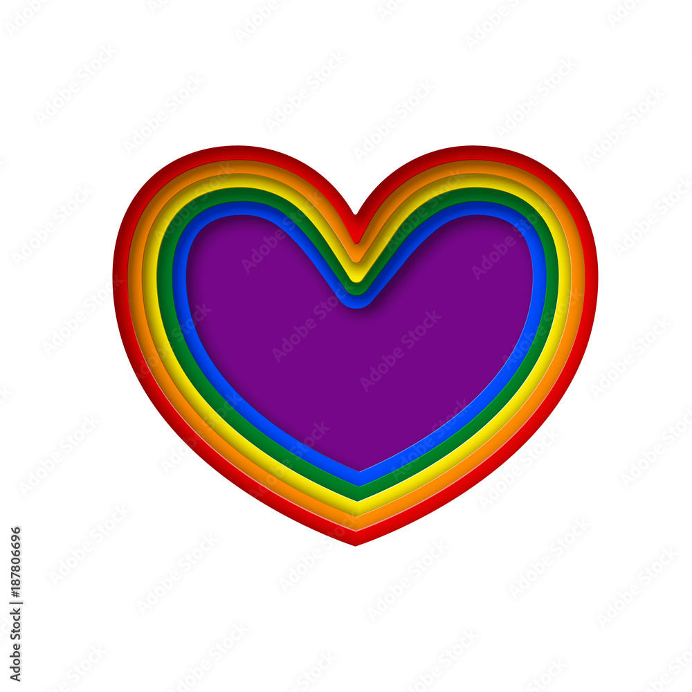 LGBT rainbow pride flag in a shape of heart. Lesbian, gay, bisexual, and transgender 3d design element. Paper cut rainbow heart. Template for postcards, posters, advertising, printing, web design LGBT rainbow pride flag in a shape of heart. Lesbian, gay, bisexual, and transgender 3d design element. Paper cut rainbow heart. Template for postcards, posters, advertising, printing, web design