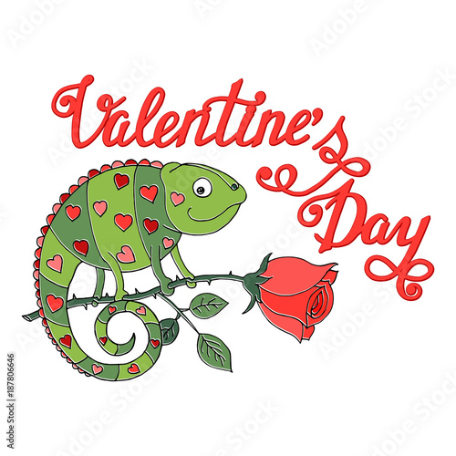 A colorful chameleon with hearts on the skin sits on a rose. Car