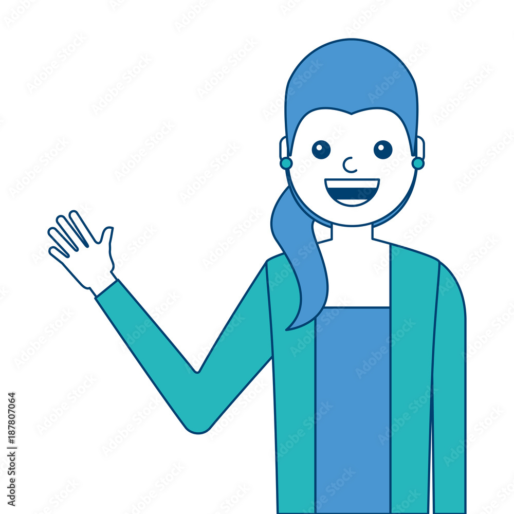 portrait young woman waving hand happy cartoon vector illustration blue and green design portrait young woman waving hand happy cartoon vector illustration blue and green design
