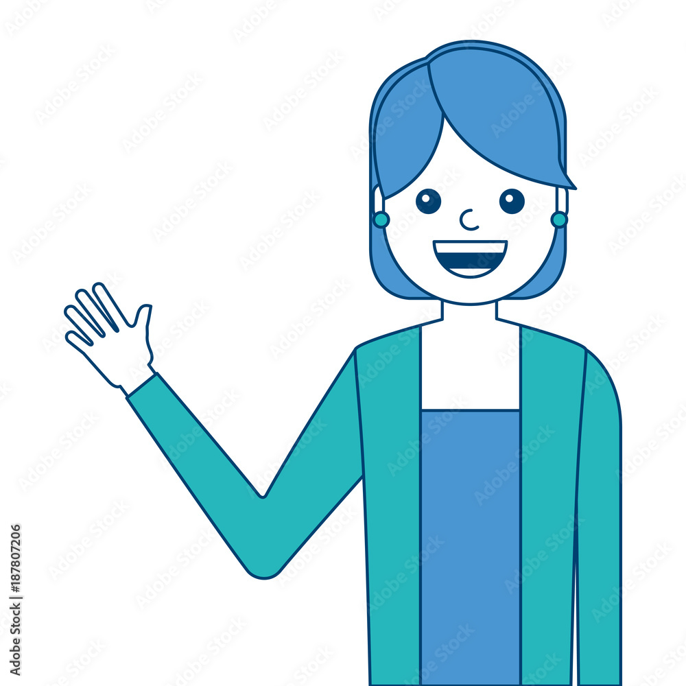 portrait young woman waving hand happy cartoon vector illustration blue and green design portrait young woman waving hand happy cartoon vector illustration blue and green design