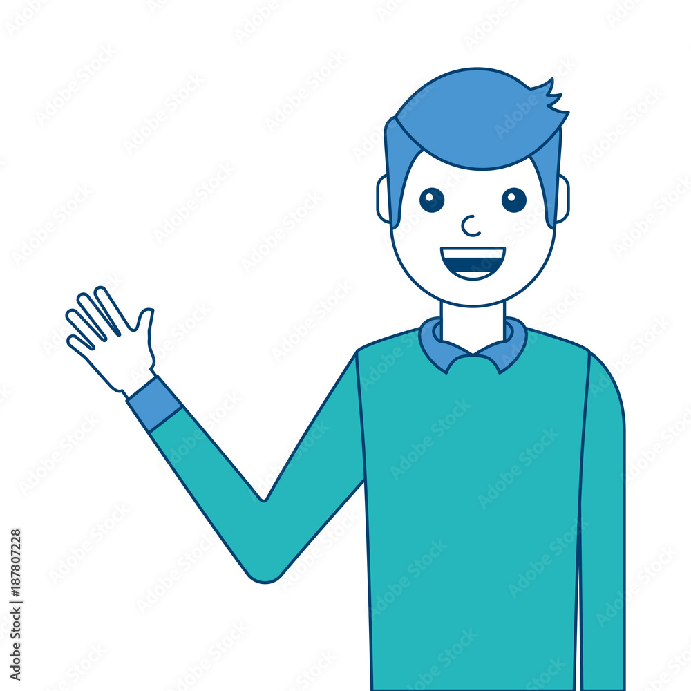 portrait man waving hand smiling character vector illustration blue and green design portrait man waving hand smiling character vector illustration blue and green design