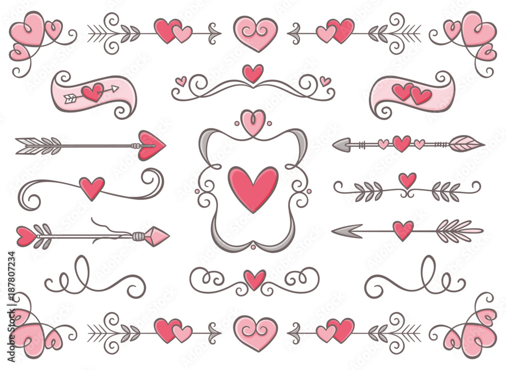 Collection of hand drawn vintage swirl ornaments full of hearts. Valentine's day special pack design elements. Perfect for Valentine's day invitation cards and page decoration. Vector illustration. - obrazy, fototapety, plakaty 