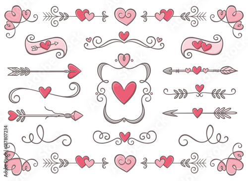 Collection of hand drawn vintage swirl ornaments full of hearts. Valentine's day special pack design elements. Perfect for Valentine's day invitation cards and page decoration. Vector illustration.