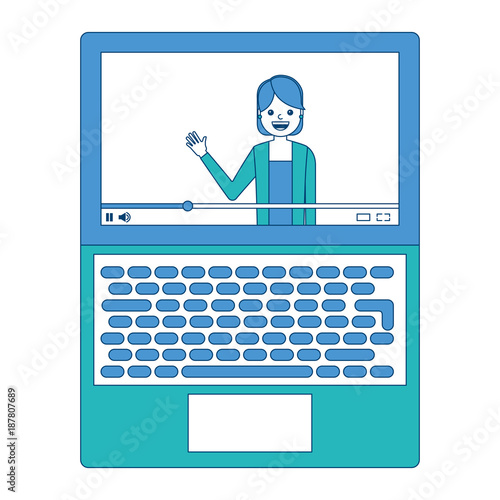 influencer waving hand video content on screen laptop vector illustration blue and green design