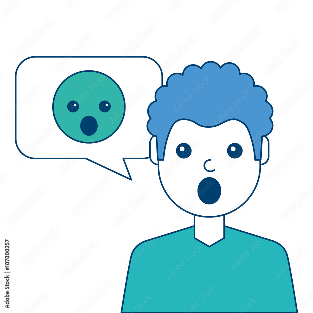man with surprised emoticon in speech bubble vector illustration blue and green design man with surprised emoticon in speech bubble vector illustration blue and green design