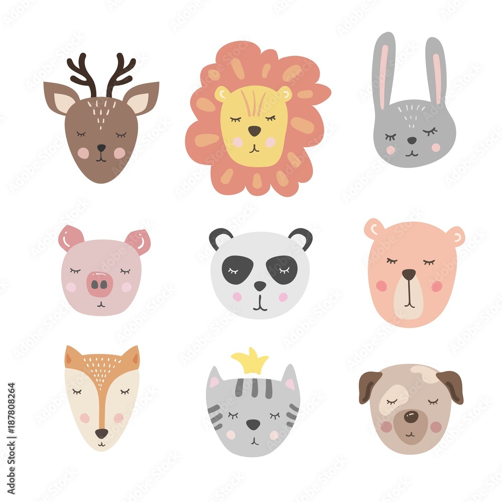 Vector set with cute animal. Bunny, bear, lion, pig, deer, Fox, cat, Panda and dog. Vector set with cute animal. Bunny, bear, lion, pig, deer, Fox, cat, Panda and dog.