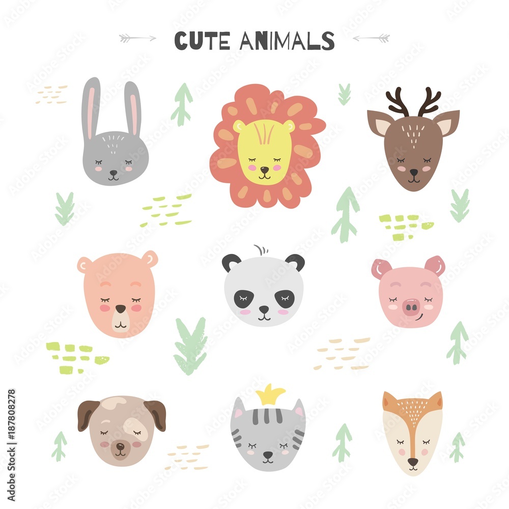 Vector set with cute animal. Bunny, bear, lion, pig, deer, Fox, cat, Panda and dog. Vector set with cute animal. Bunny, bear, lion, pig, deer, Fox, cat, Panda and dog.