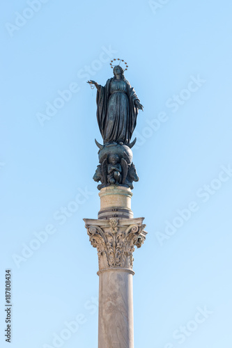 The Column of the Immaculate Conception, is a nineteenth-century monument depicting the Blessed Virgin Mary, located in Piazza Mignanelli and Piazza di Spagna. Rome, Italy.