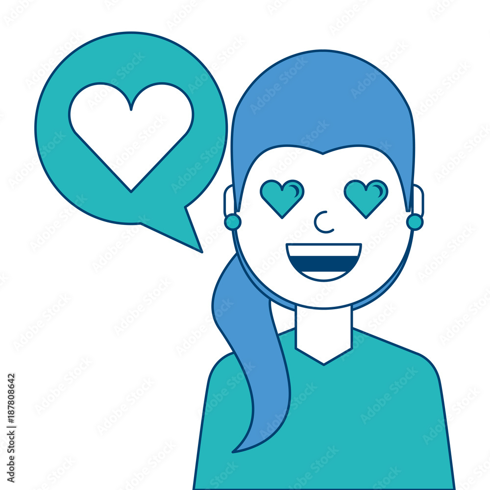 young woman with love heart in speech bubble vector illustration blue and green design