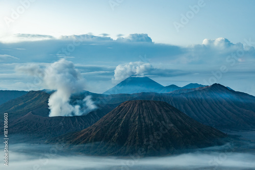 Mount Bromo volcano (Gunung Bromo) before sunrise from viewpoint on Mount Penanjakan in Bromo Tengger Semeru National Park, East Java, Indonesia.