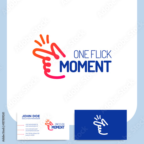 Fingers snap clicking line colorful hand on white background and business card © lunarts_studio