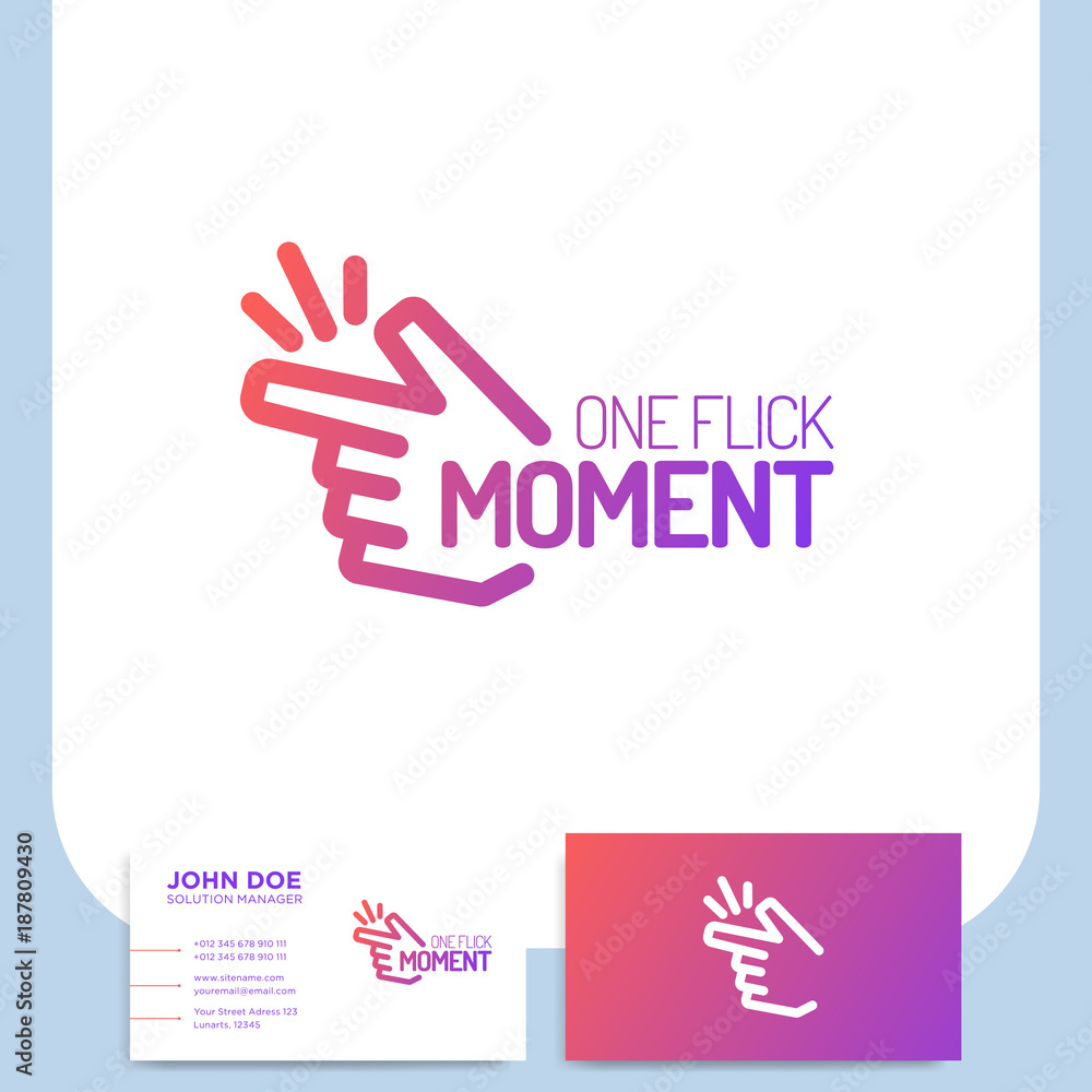 Fingers snap clicking line colorful hand on white background and business card Fingers snap clicking line colorful hand on white background and business card