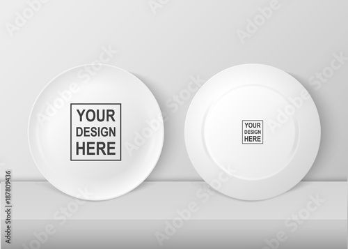 Realistic vector white food dish plate icon set front and back view closeup. Design template, mock up for graphics, printing etc