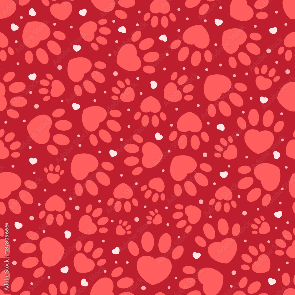 Original trendy valentine's seamless pattern with cats and dogs paw print with heart and dot Original trendy valentine's seamless pattern with cats and dogs paw print with heart and dot