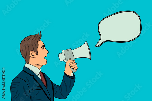 Businessman talking in loudspeaker. speach bubble