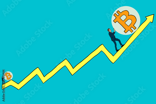 Businessman pushes bitcoin up the growth schedule. Growth bitcoin