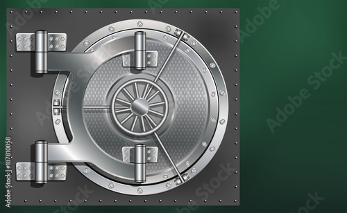 A huge metal round safe door. Reliable saving of secrets and passwords. Copy space.
