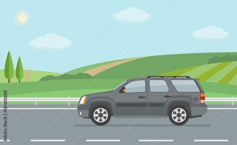 Rural landscape with road and moving off road vehicle. Flat style vector illustration.
