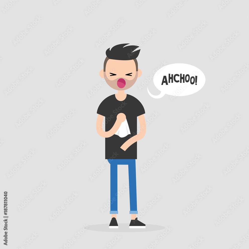 Young sneezing character. Allergy or cold. Healthcare. Flat editable vector illustration, clip art