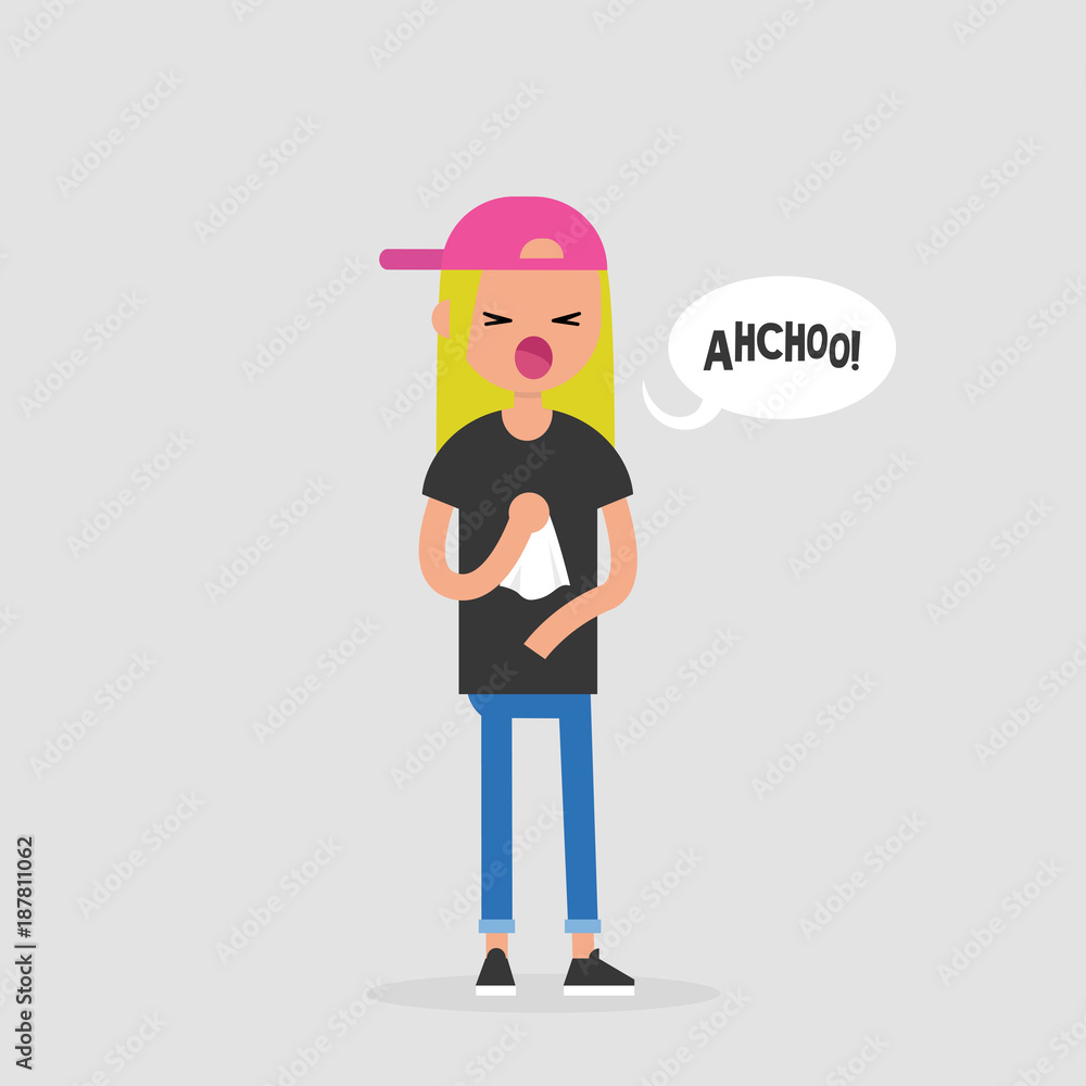 Young female sneezing character. Allergy or cold. Healthcare. Flat editable vector illustration, clip art Young female sneezing character. Allergy or cold. Healthcare. Flat editable vector illustration, clip art