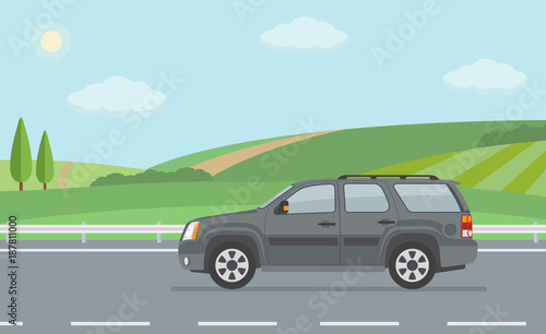 Rural landscape with road and moving off road vehicle. Flat style vector illustration.  