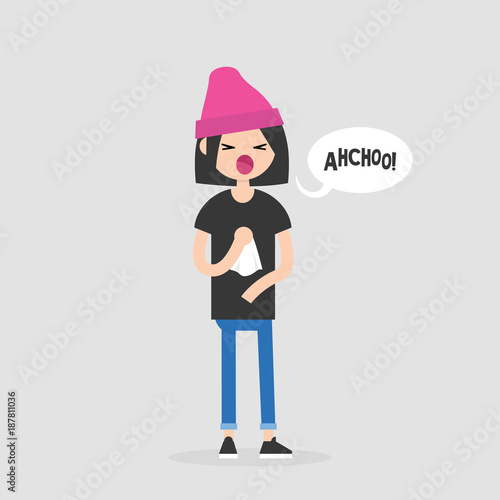 Young sneezing character. Allergy or cold. Healthcare. Flat editable vector illustration, clip art