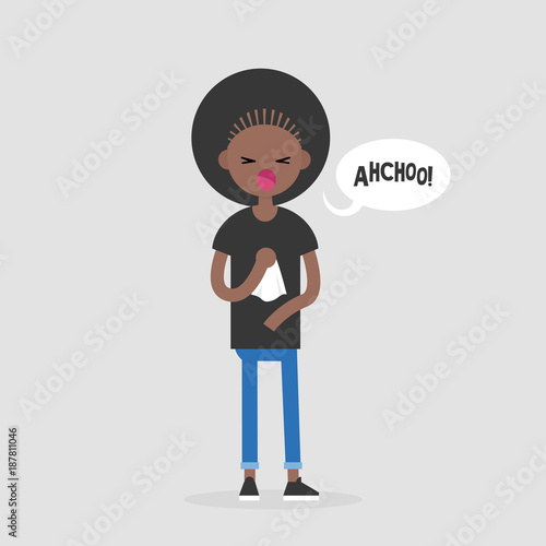 Young sneezing character. Allergy or cold. Healthcare. Flat editable vector illustration, clip art