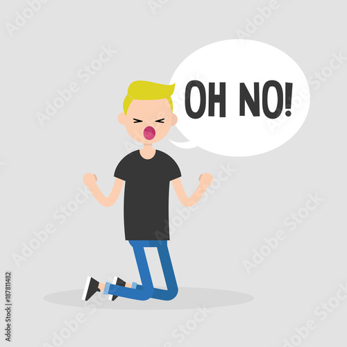 Young kneeling character yelling "oh no". Failure, conceptual illustration. Flat editable vector illustration, clip art