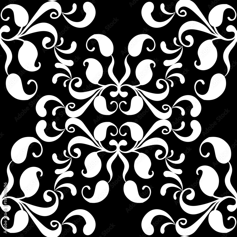 Paisleys vector seamless pattern. Black floral background wallpaper illustration with vintage hand drawn white ethnic ornate paisley flowers, swirl abstract leaves and lines. Endless isolated ornament