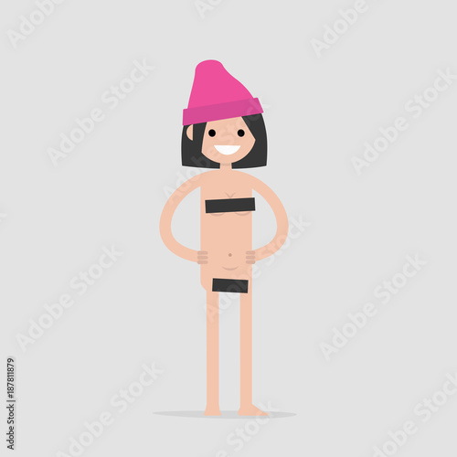 Young female naked character covered with black  rectangles. Censorship. Flat editable vector illustration, clip art