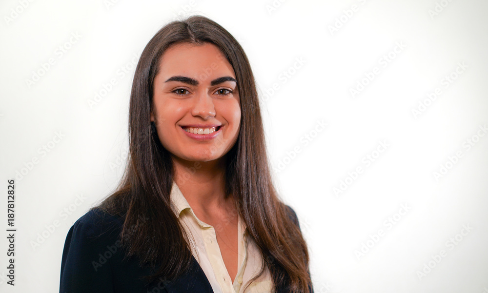 Portrait of young smiling woman in business suit on white background Portrait of young smiling woman in business suit on white background