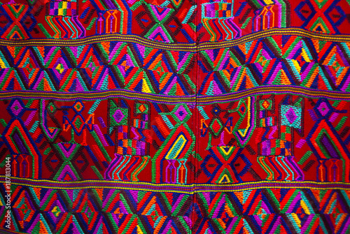 Handmade traditional guatemalan design, Colorful fabric worked by hand in Guatemala, Central America, Mayan details, typical costume.