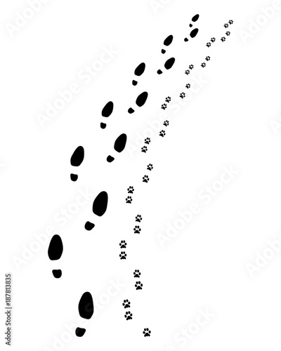 Footprints of man and dog, turn right, vector